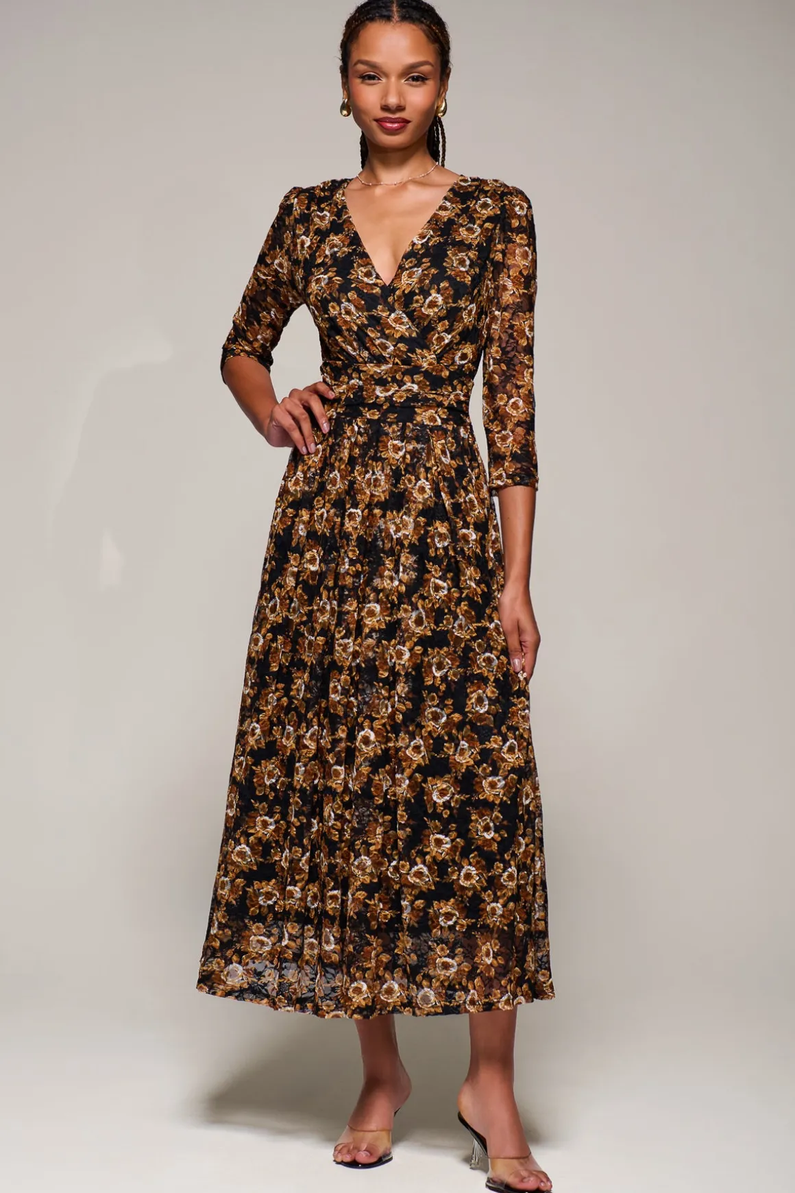 Three Quarter Sleeve Printed Lace Maxi, Black Floral