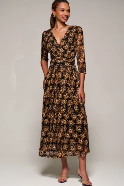 Three Quarter Sleeve Printed Lace Maxi, Black Floral