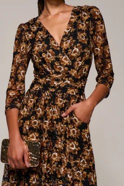 Three Quarter Sleeve Printed Lace Maxi, Black Floral
