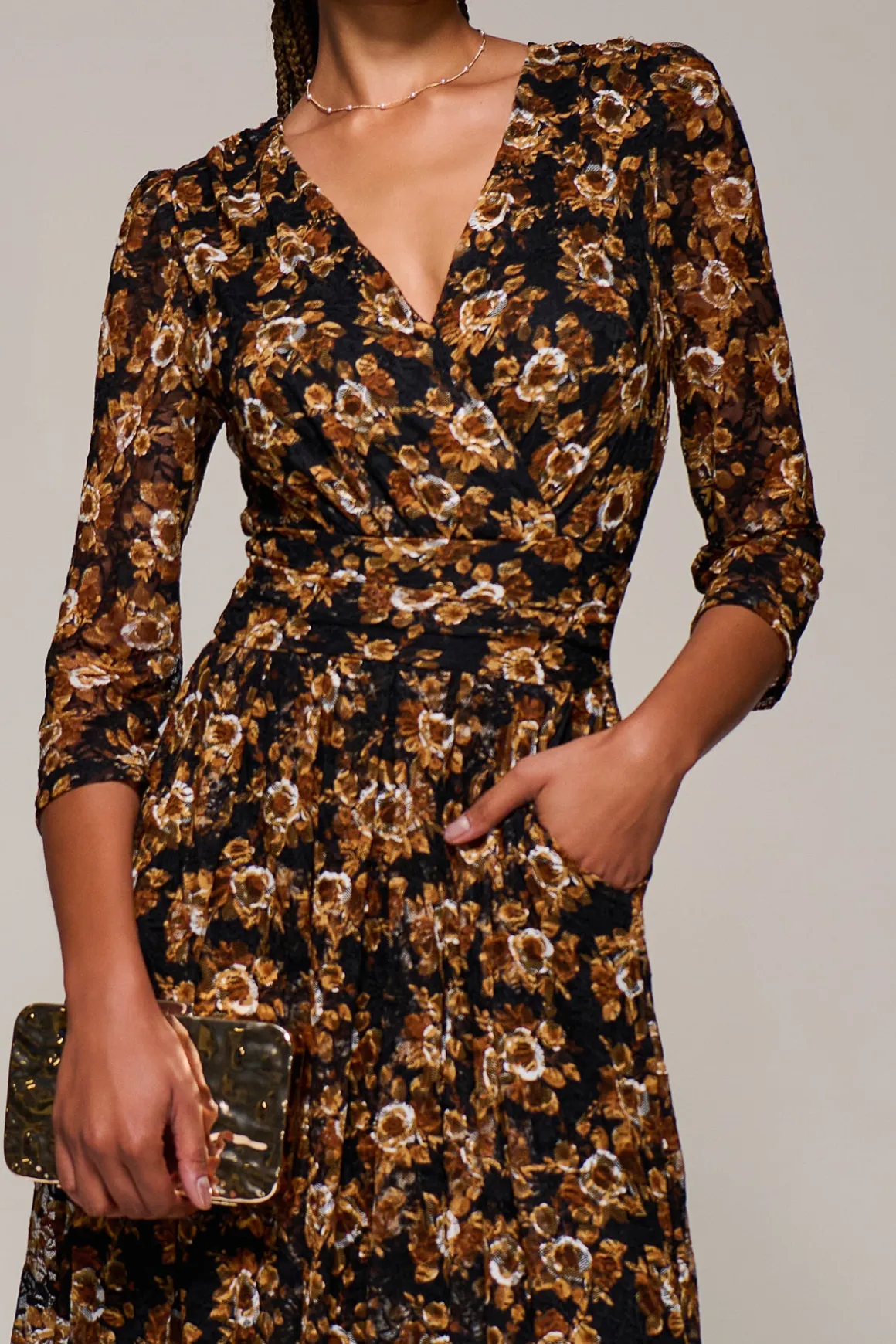 Three Quarter Sleeve Printed Lace Maxi, Black Floral