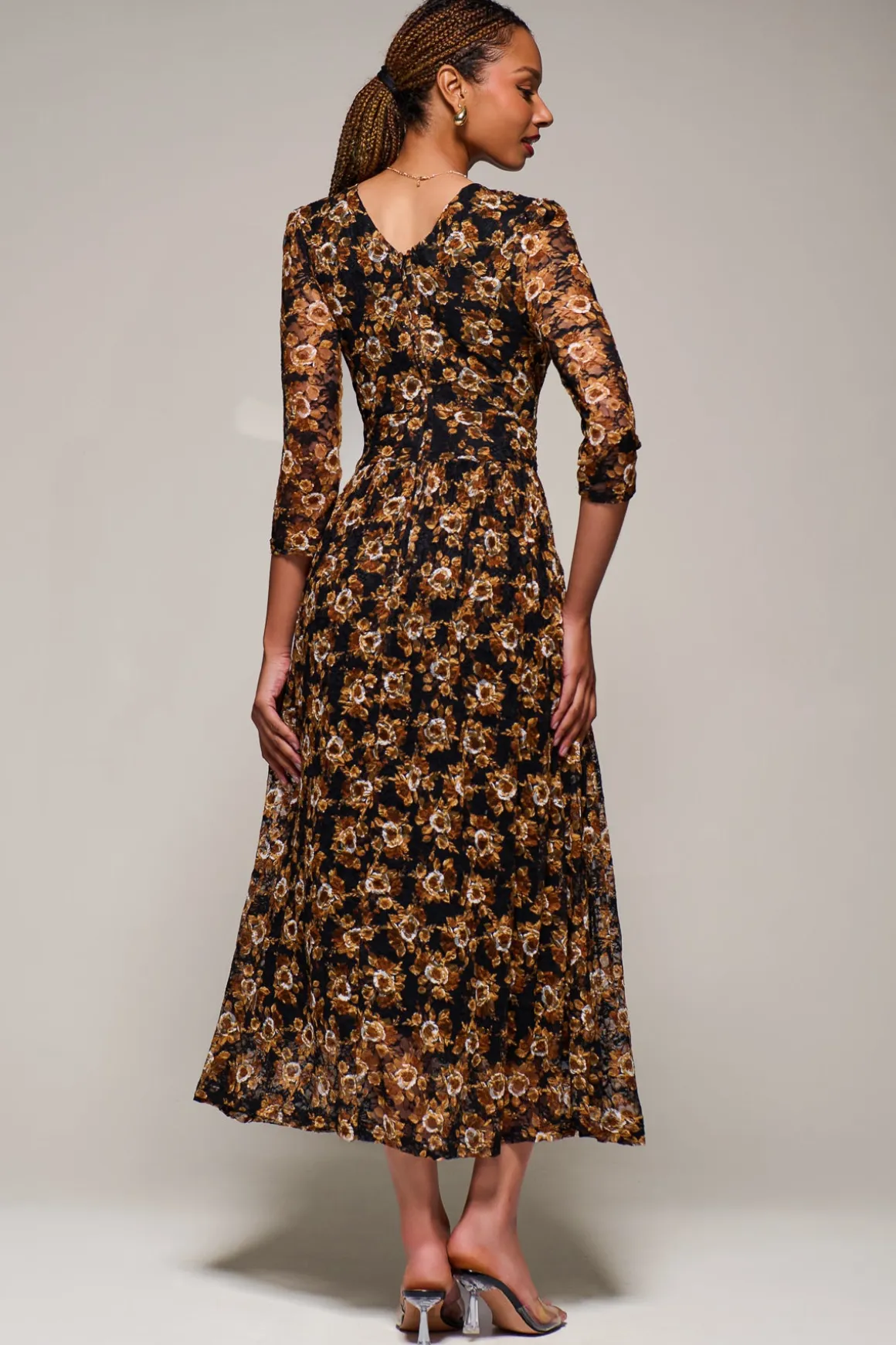 Three Quarter Sleeve Printed Lace Maxi, Black Floral