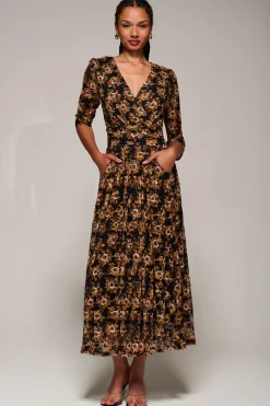 Three Quarter Sleeve Printed Lace Maxi, Black Floral