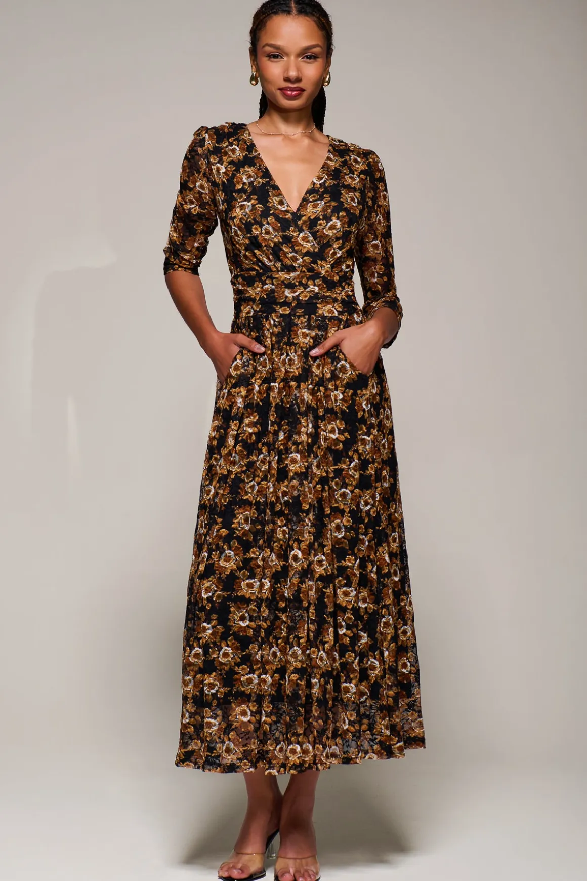 Three Quarter Sleeve Printed Lace Maxi, Black Floral