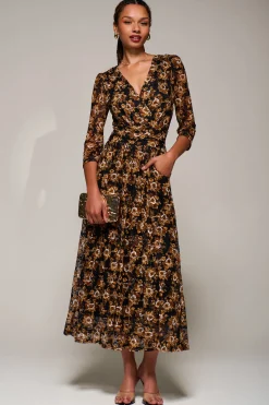 Three Quarter Sleeve Printed Lace Maxi, Black Floral