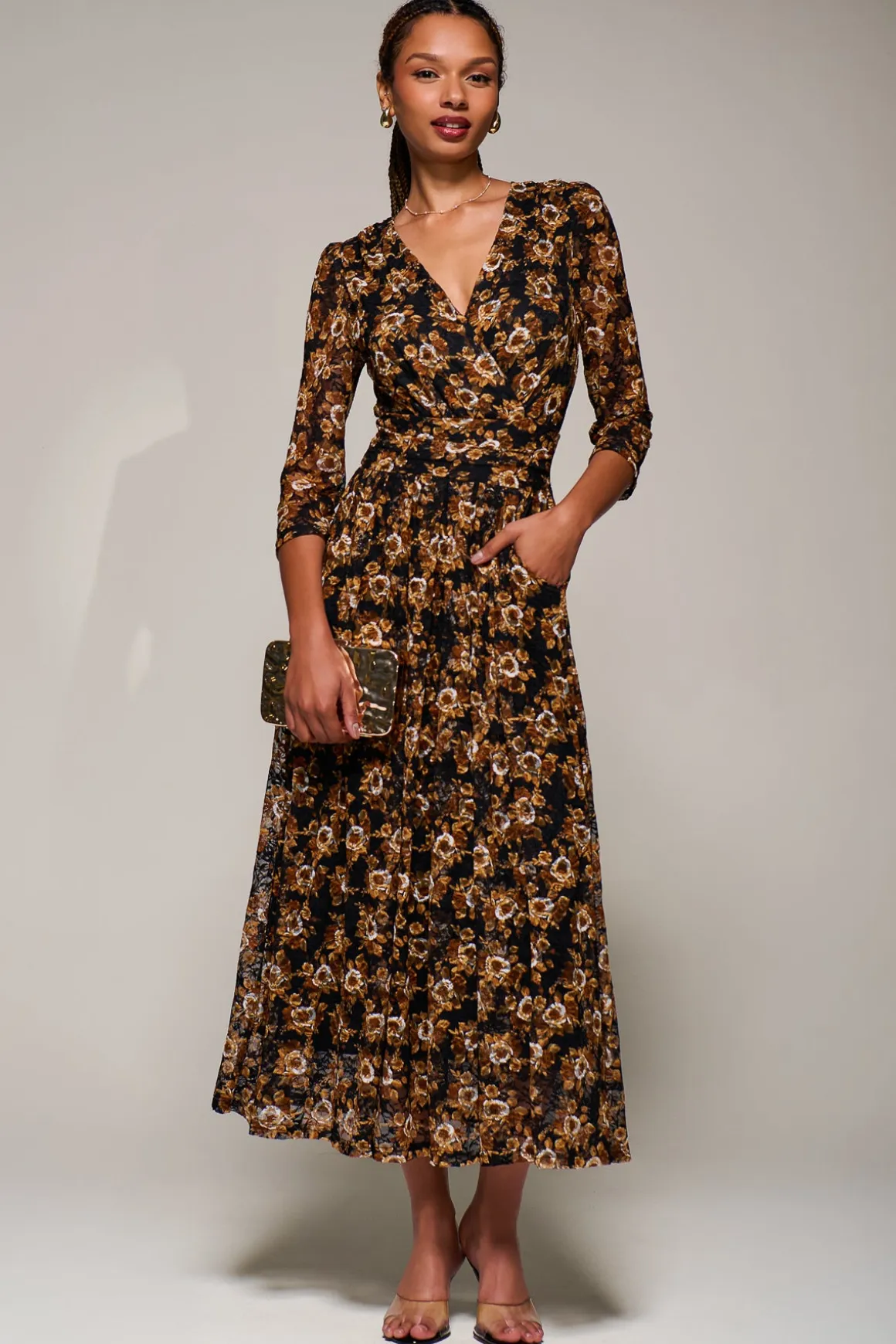 Three Quarter Sleeve Printed Lace Maxi, Black Floral