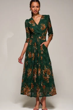 Three Quarter Sleeve Printed Lace Maxi Dress, Green Floral