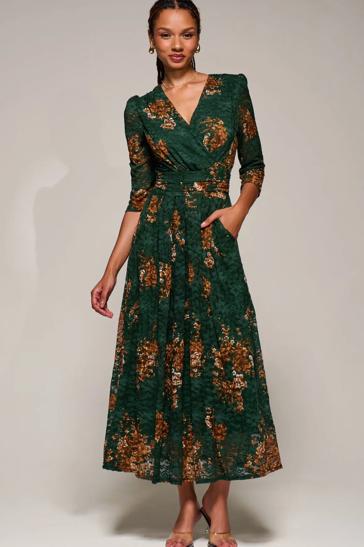Three Quarter Sleeve Printed Lace Maxi Dress, Green Floral