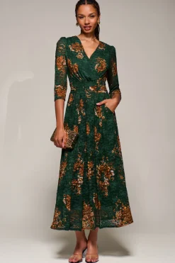 Three Quarter Sleeve Printed Lace Maxi Dress, Green Floral