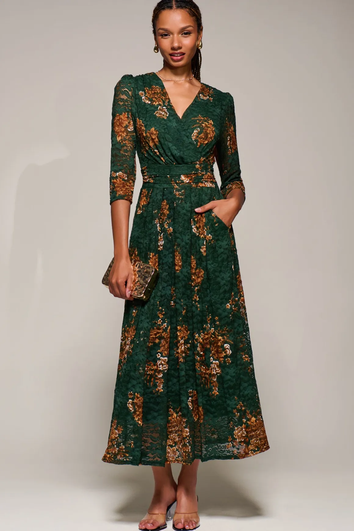 Three Quarter Sleeve Printed Lace Maxi Dress, Green Floral