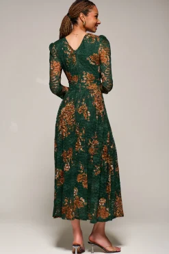 Three Quarter Sleeve Printed Lace Maxi Dress, Green Floral