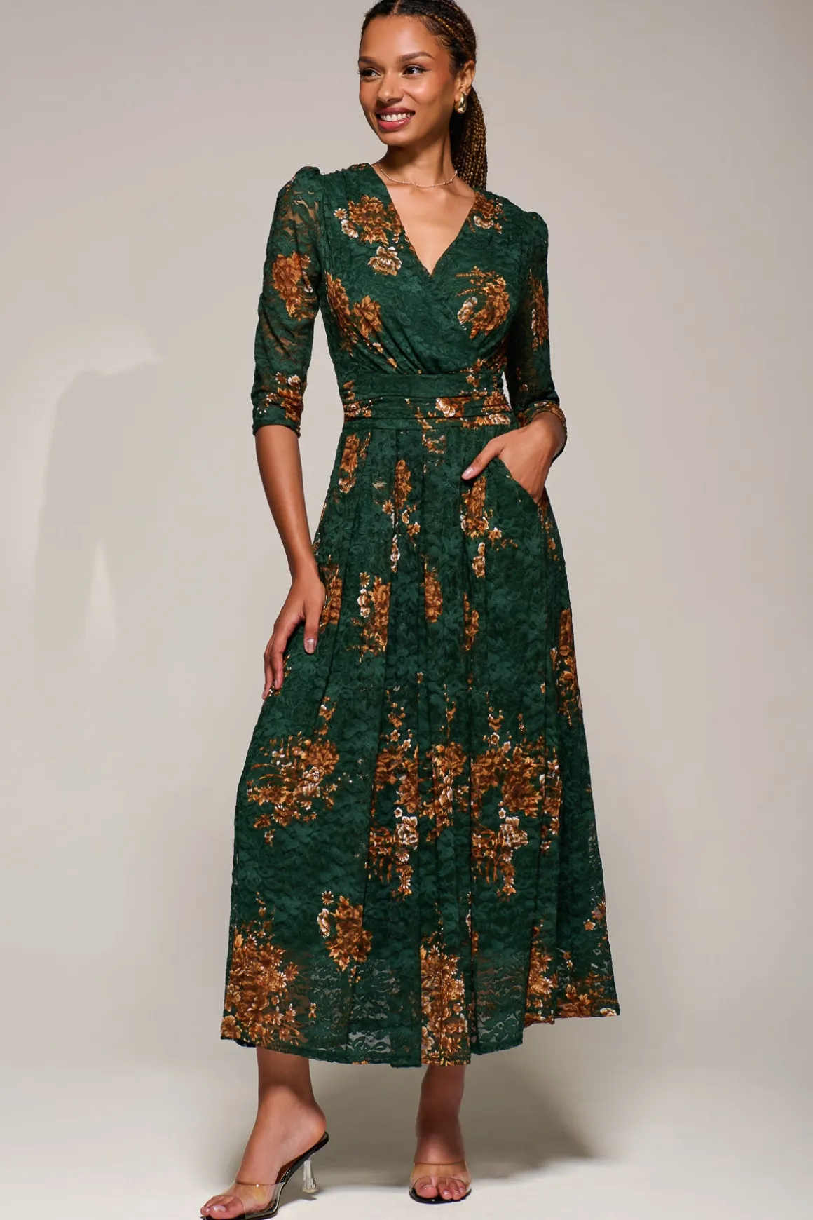 Three Quarter Sleeve Printed Lace Maxi Dress, Green Floral