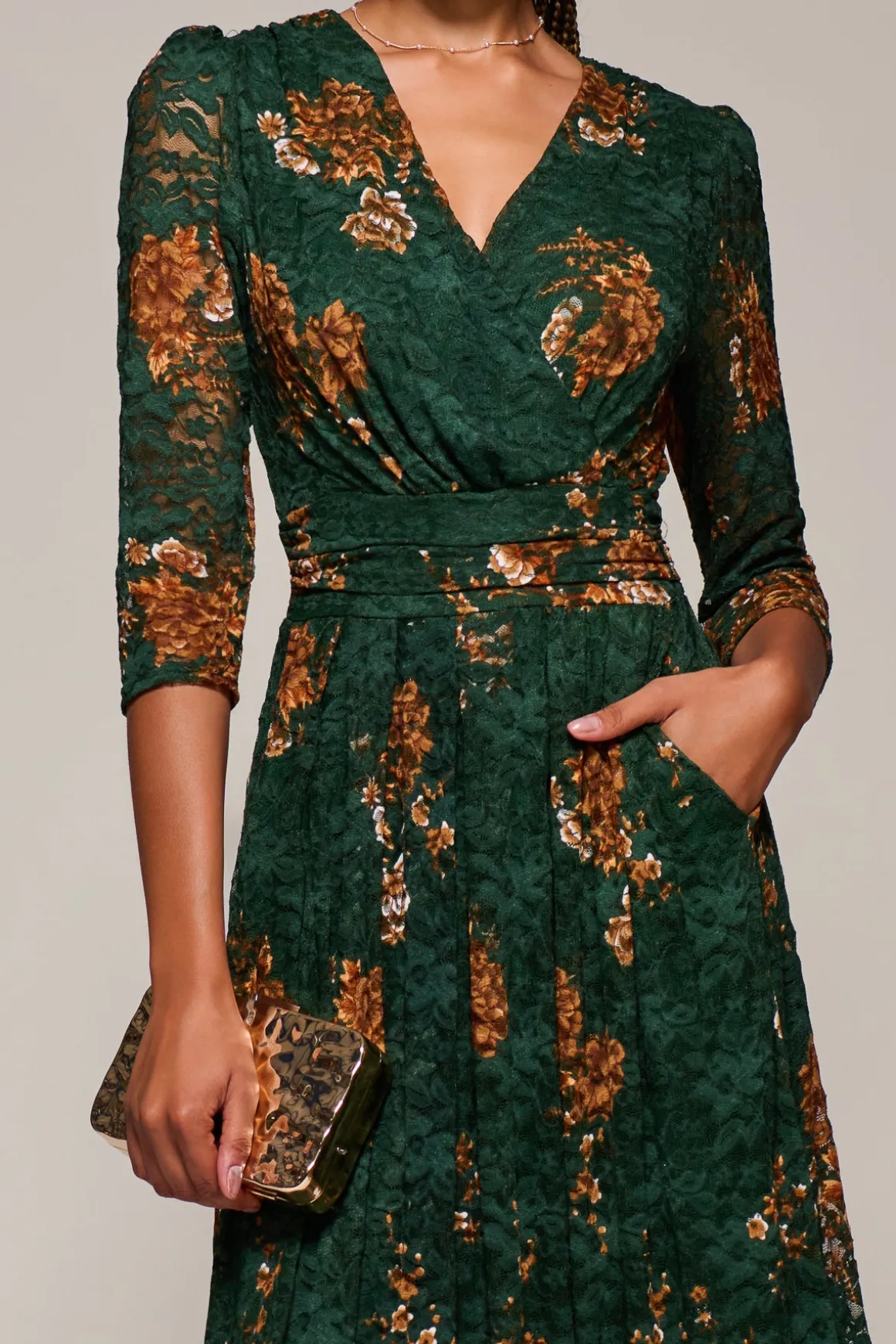 Three Quarter Sleeve Printed Lace Maxi Dress, Green Floral
