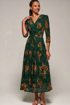 Three Quarter Sleeve Printed Lace Maxi Dress, Green Floral