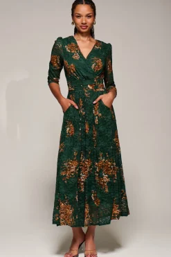 Three Quarter Sleeve Printed Lace Maxi Dress, Green Floral