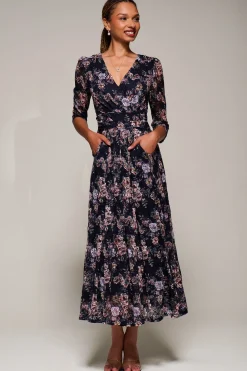 Three Quarter Sleeve Printed Lace Maxi, Navy Floral