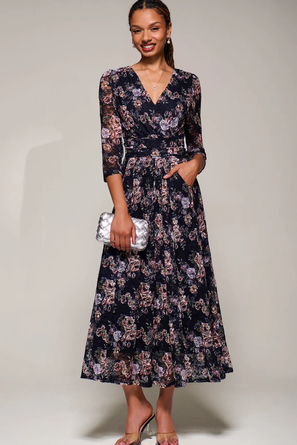 Three Quarter Sleeve Printed Lace Maxi, Navy Floral