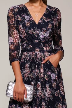 Three Quarter Sleeve Printed Lace Maxi, Navy Floral