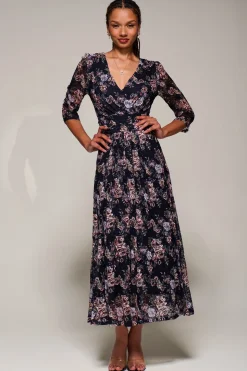 Three Quarter Sleeve Printed Lace Maxi, Navy Floral