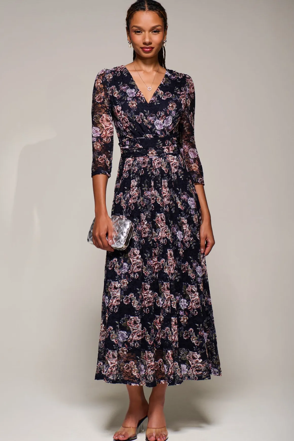 Three Quarter Sleeve Printed Lace Maxi, Navy Floral
