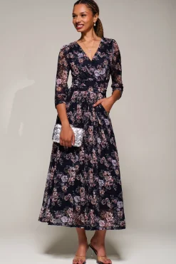 Three Quarter Sleeve Printed Lace Maxi, Navy Floral