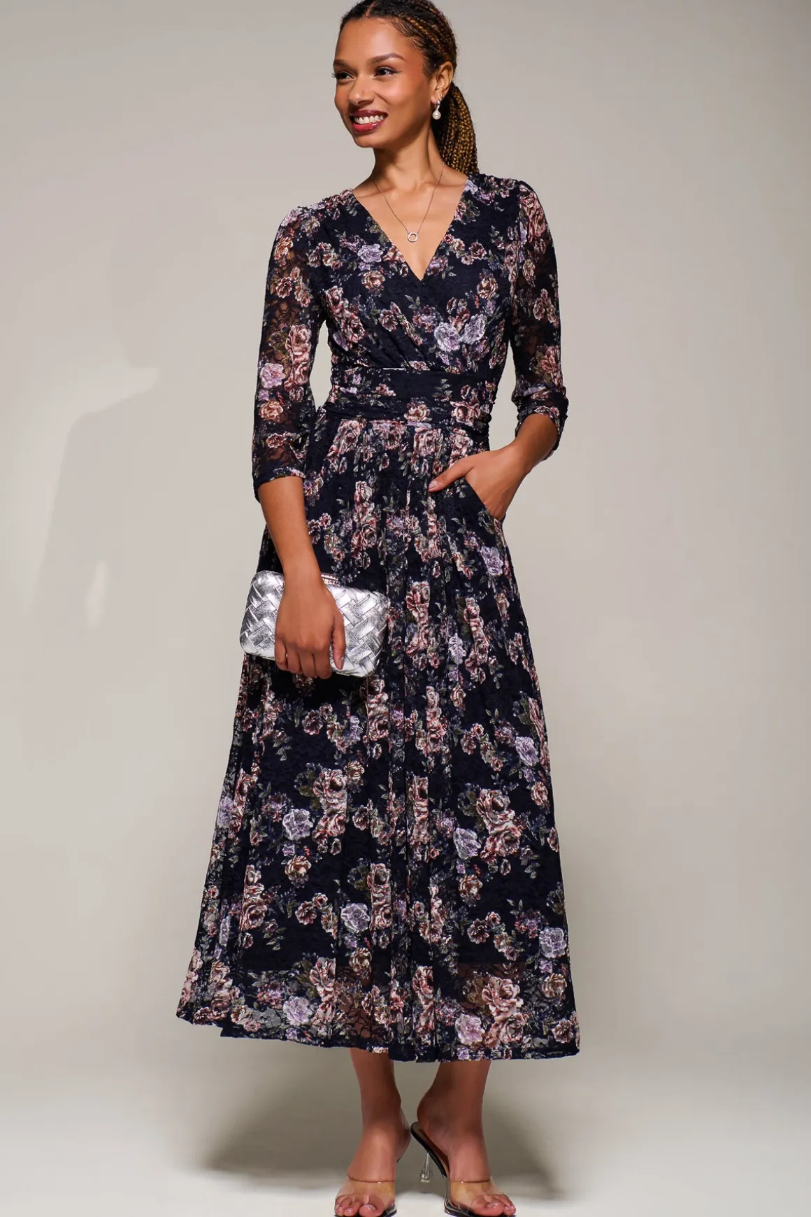 Three Quarter Sleeve Printed Lace Maxi, Navy Floral