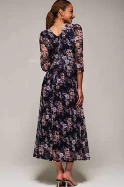 Three Quarter Sleeve Printed Lace Maxi, Navy Floral