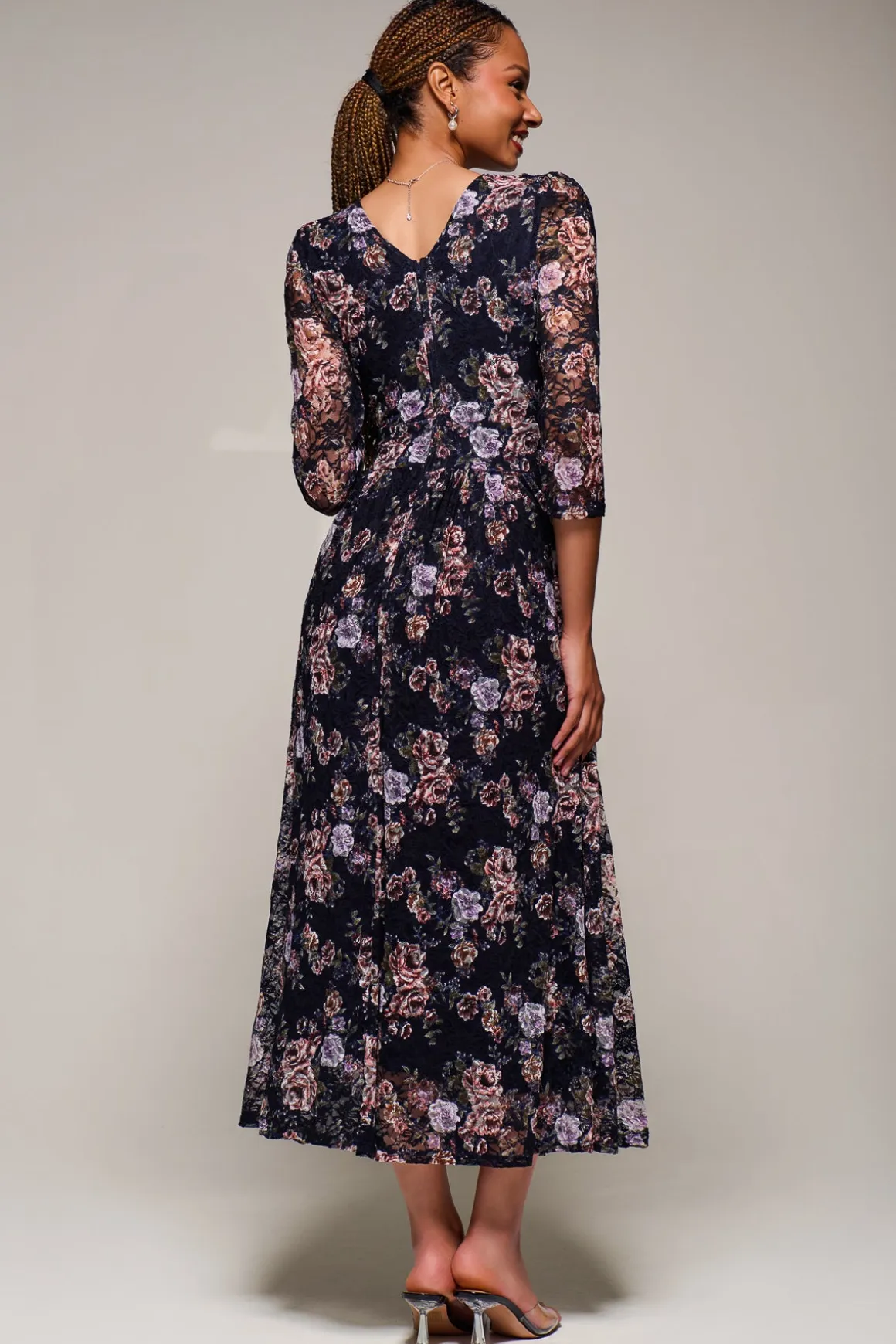 Three Quarter Sleeve Printed Lace Maxi, Navy Floral