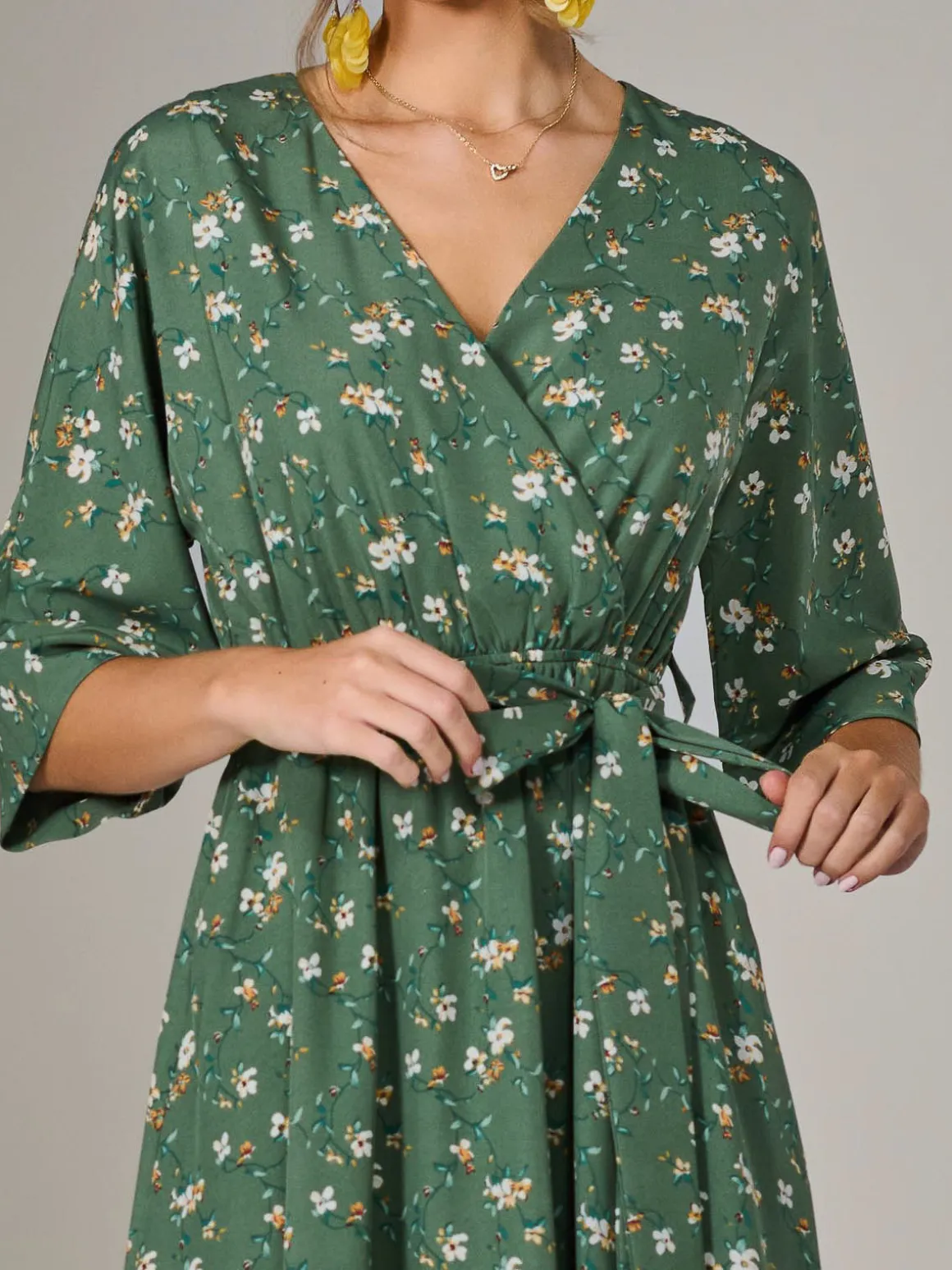 Tie Front Half Sleeve Midi Dress, Green Floral