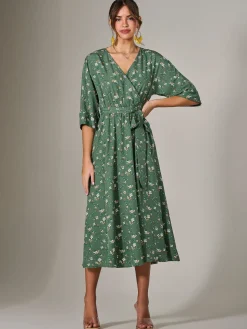 Tie Front Half Sleeve Midi Dress, Green Floral