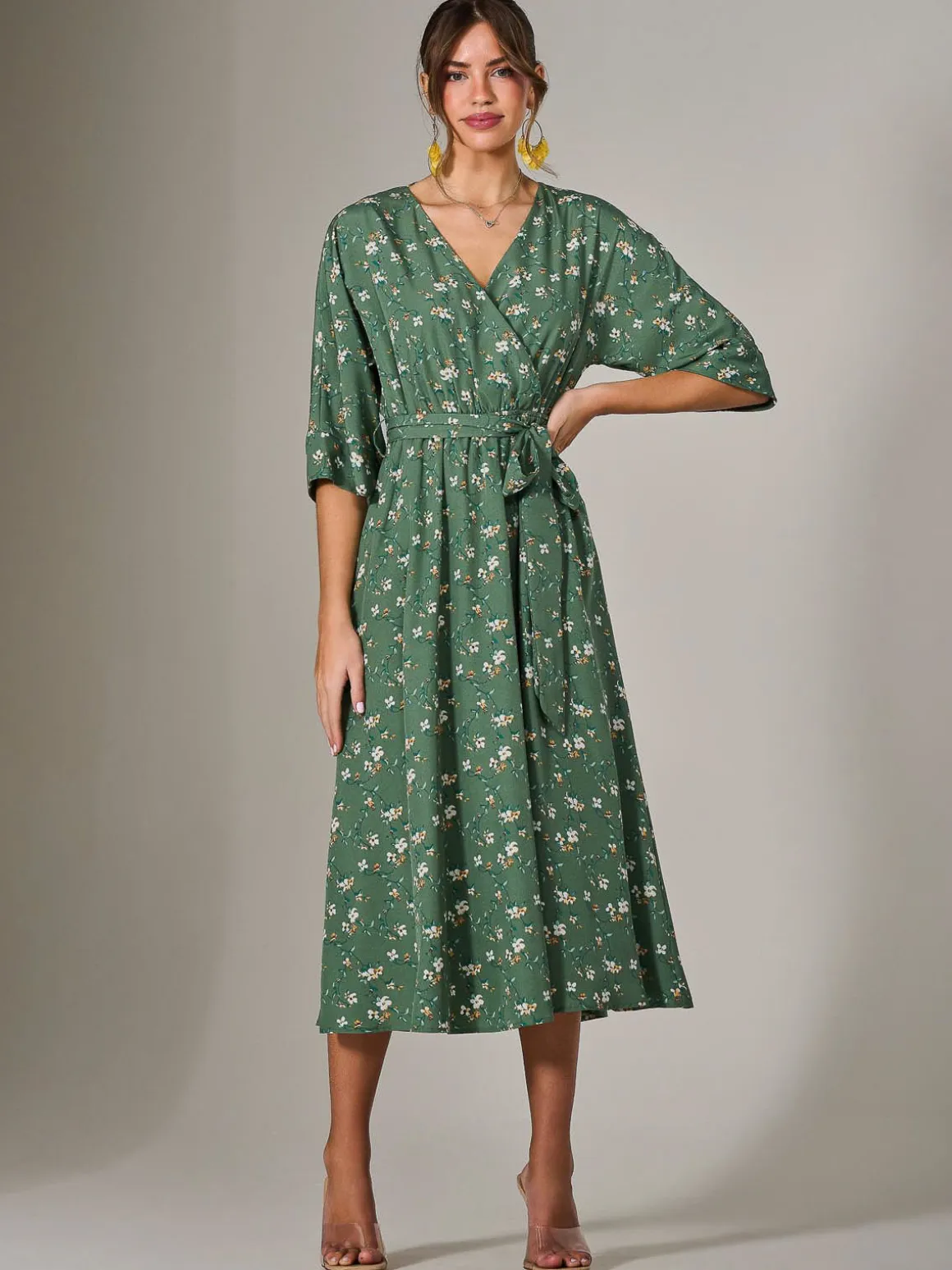 Tie Front Half Sleeve Midi Dress, Green Floral