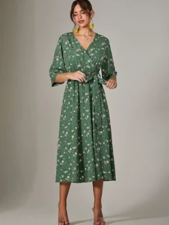 Tie Front Half Sleeve Midi Dress, Green Floral