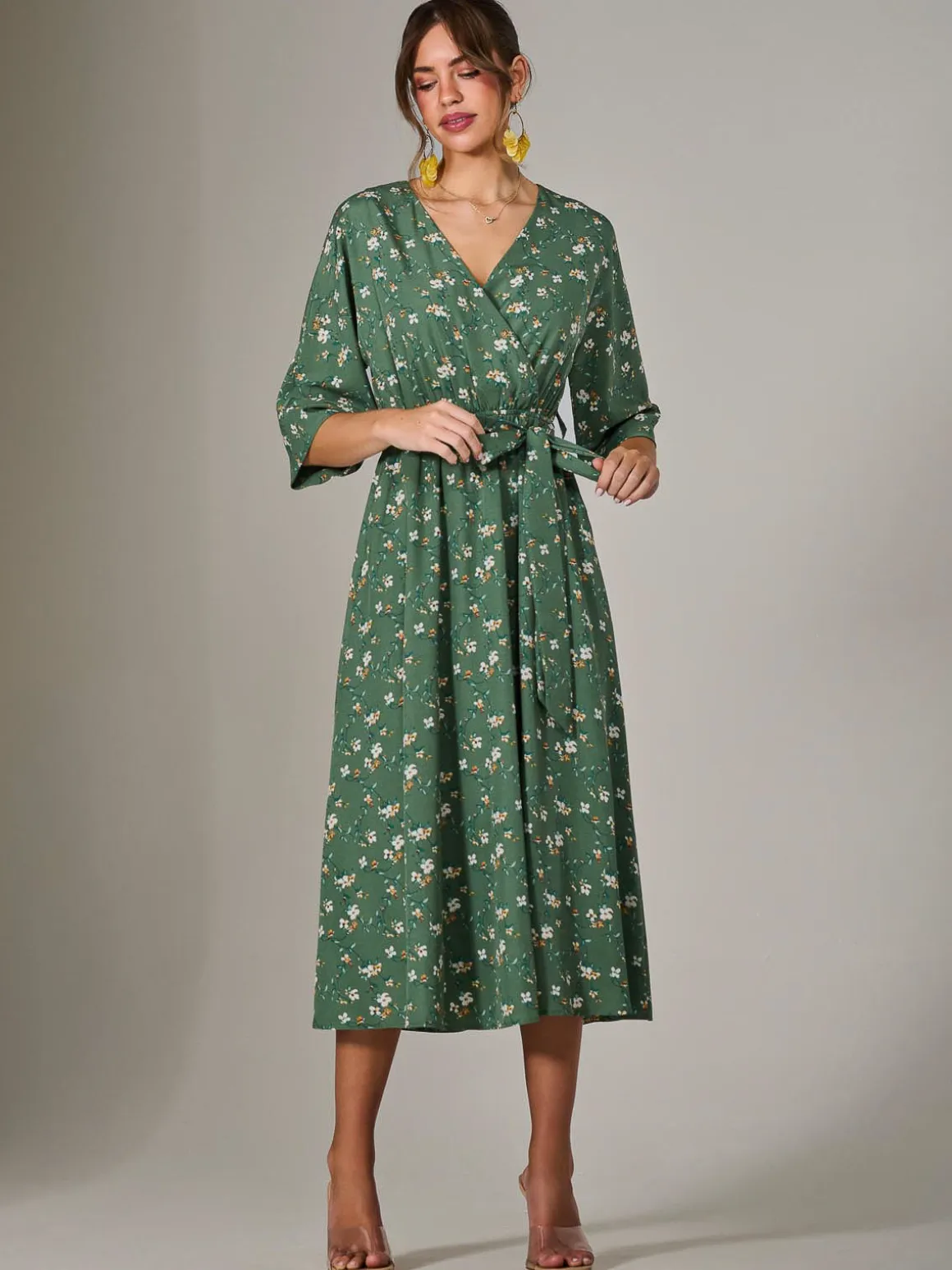 Tie Front Half Sleeve Midi Dress, Green Floral
