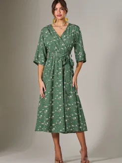 Tie Front Half Sleeve Midi Dress, Green Floral