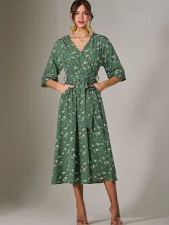 Tie Front Half Sleeve Midi Dress, Green Floral