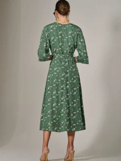 Tie Front Half Sleeve Midi Dress, Green Floral