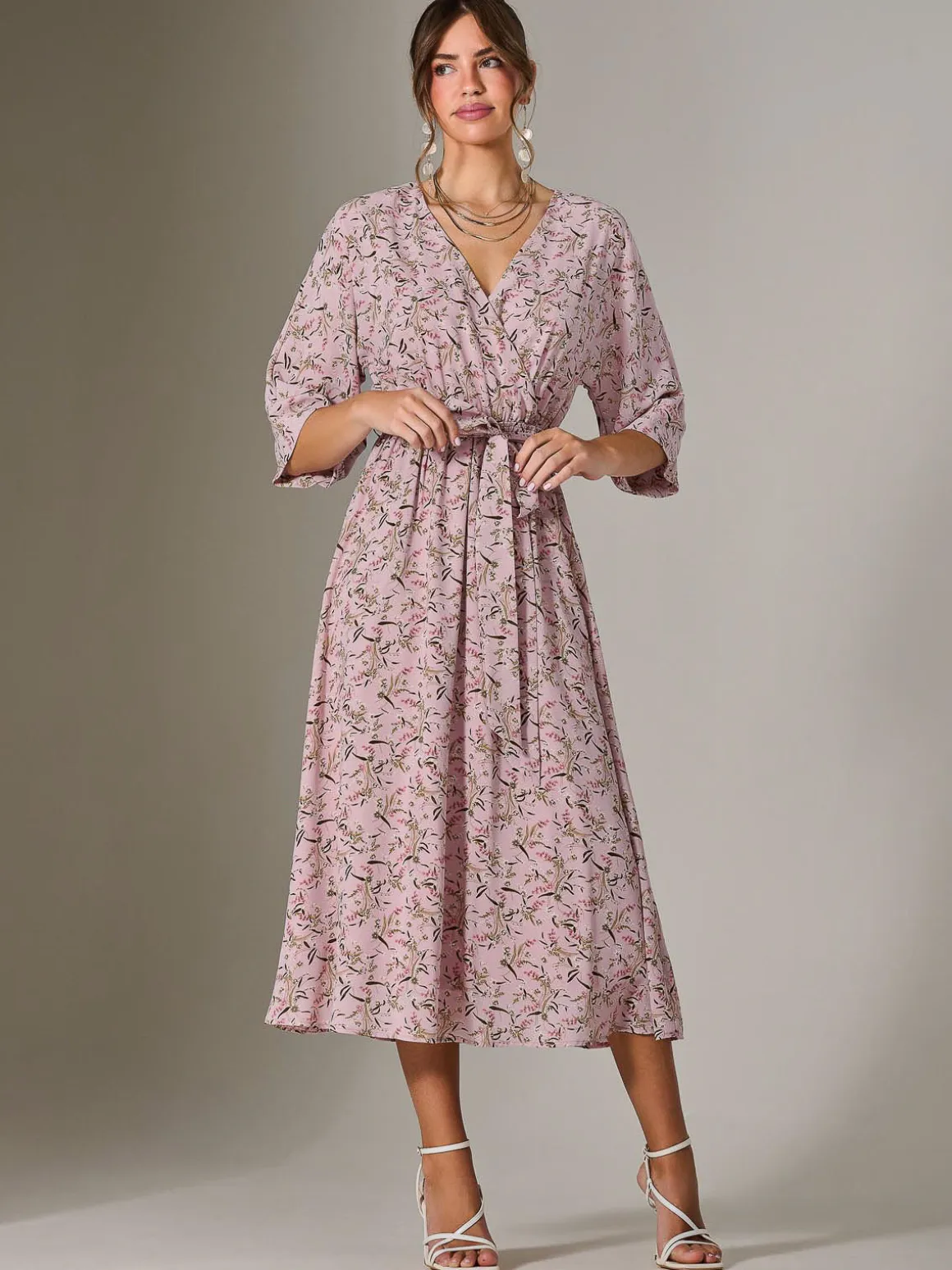 Tie Front Half Sleeve Midi Dress, Pink Floral