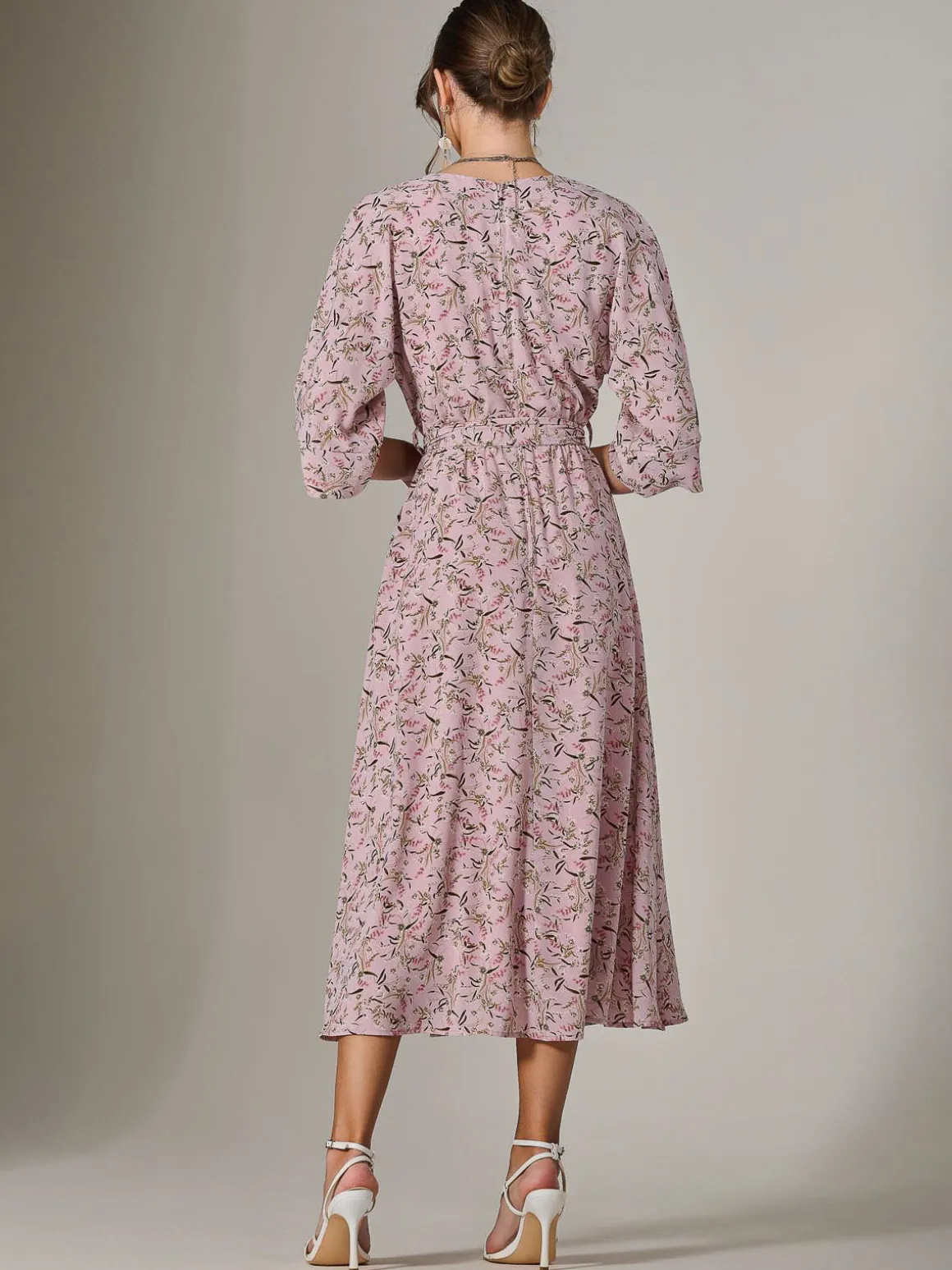 Tie Front Half Sleeve Midi Dress, Pink Floral