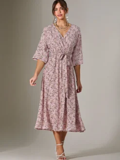 Tie Front Half Sleeve Midi Dress, Pink Floral