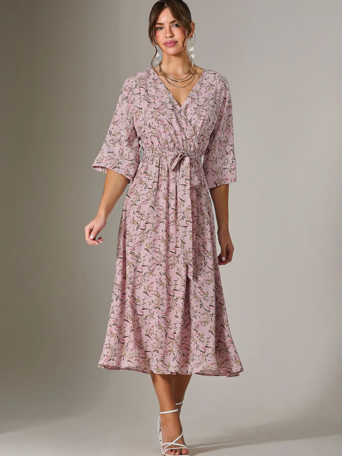 Tie Front Half Sleeve Midi Dress, Pink Floral