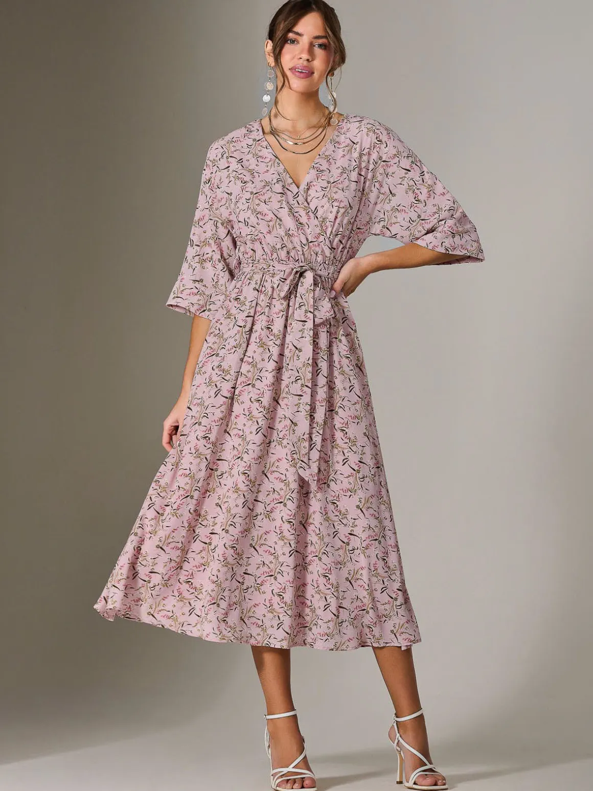 Tie Front Half Sleeve Midi Dress, Pink Floral
