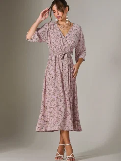 Tie Front Half Sleeve Midi Dress, Pink Floral