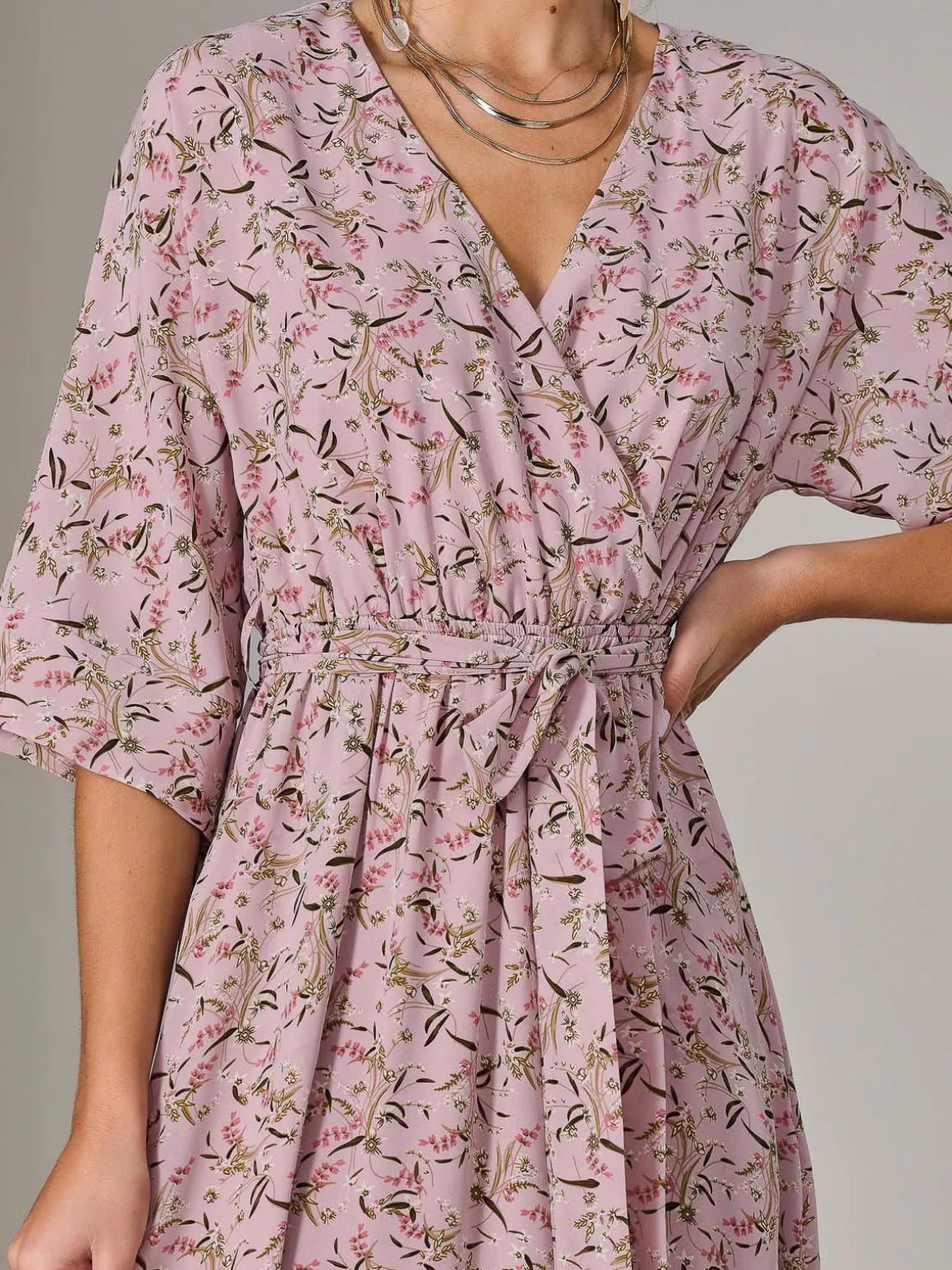 Tie Front Half Sleeve Midi Dress, Pink Floral