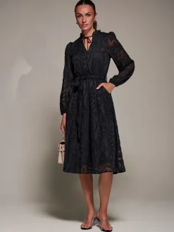 Tie Neck Chiffon Midi Dress, Black