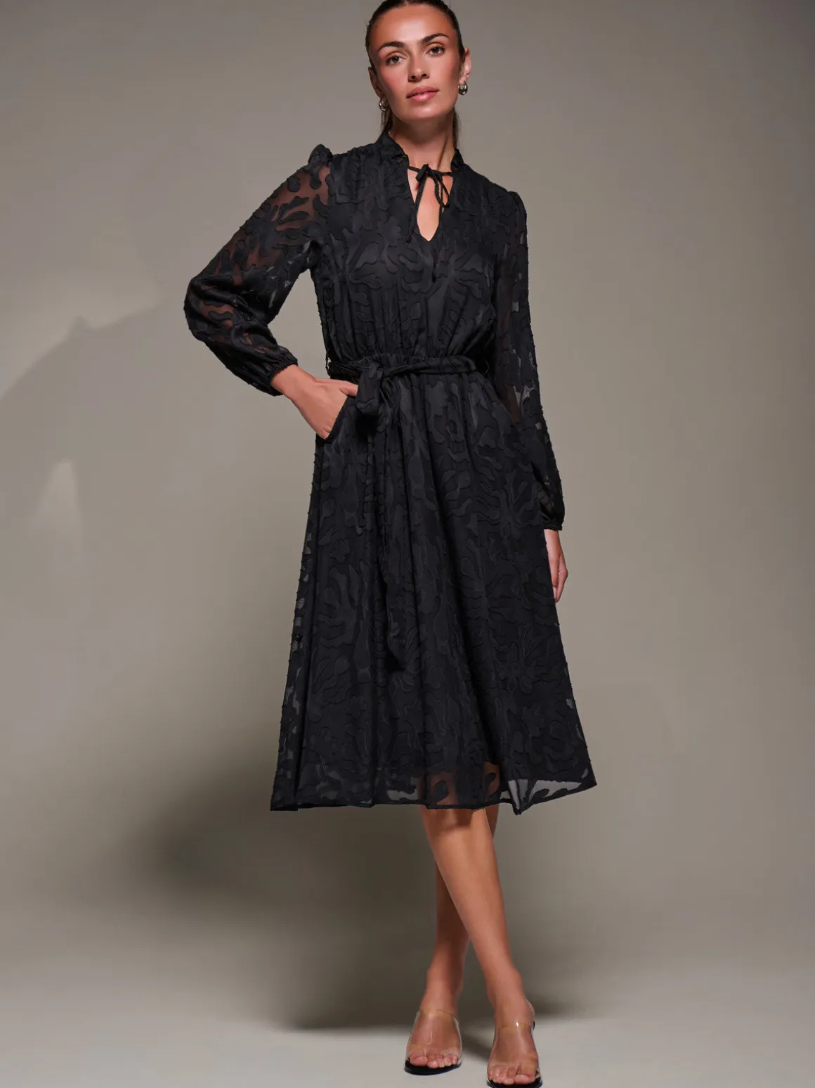 Tie Neck Chiffon Midi Dress, Black