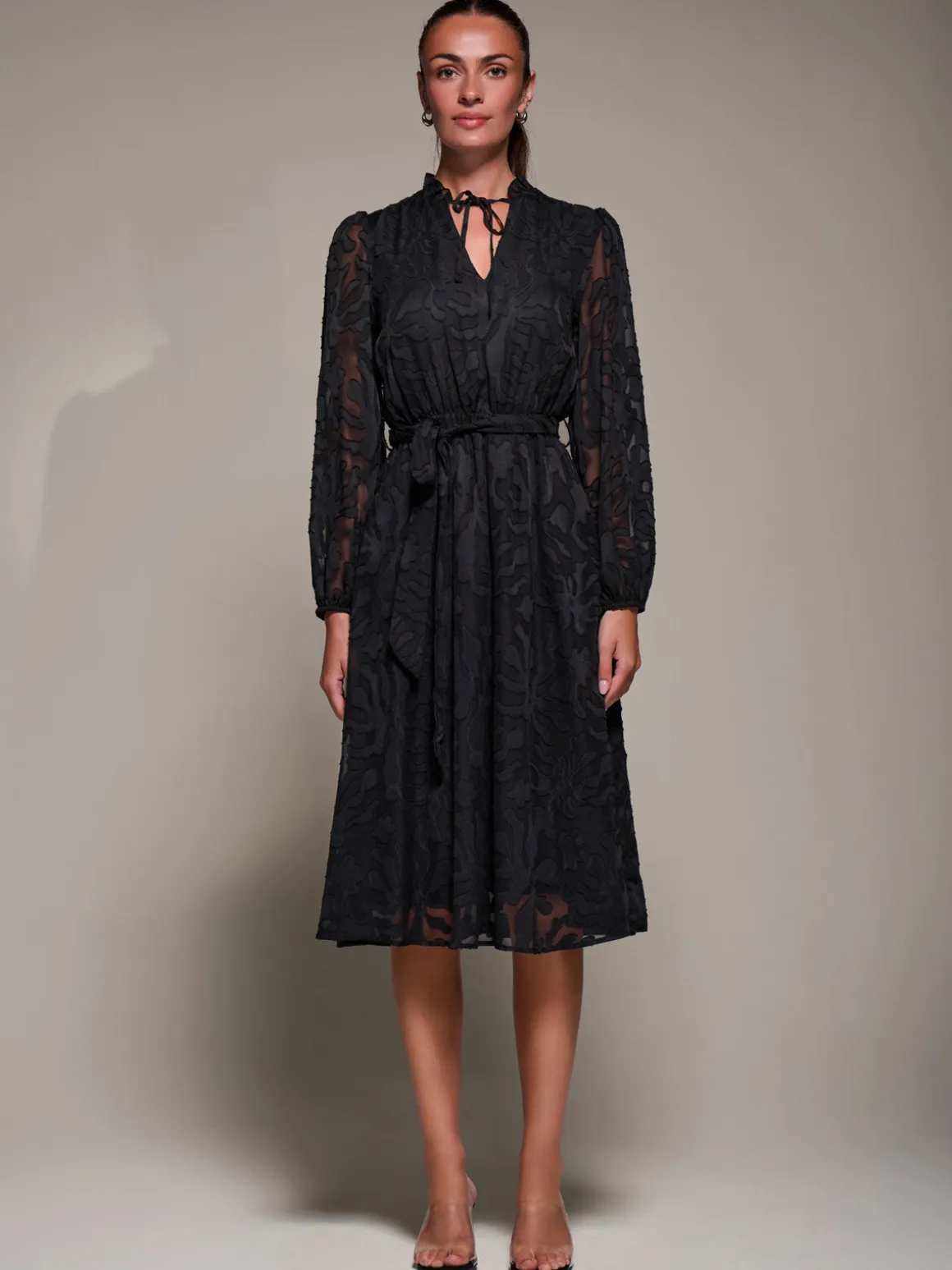 Tie Neck Chiffon Midi Dress, Black