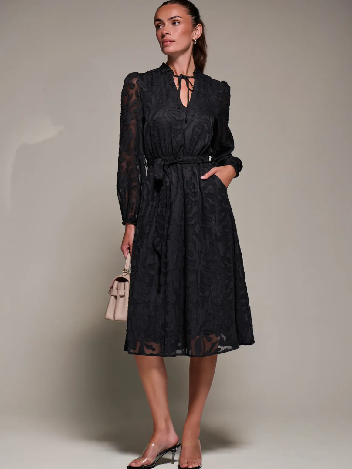 Tie Neck Chiffon Midi Dress, Black