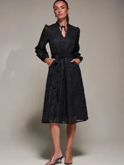 Tie Neck Chiffon Midi Dress, Black