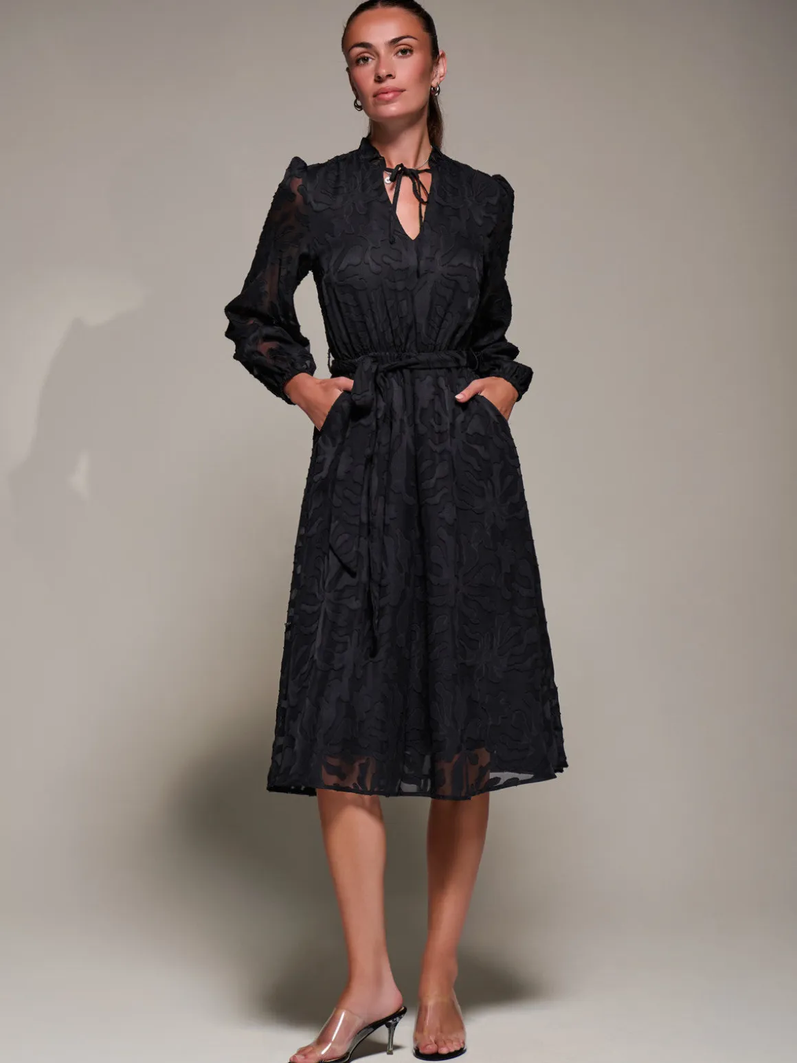 Tie Neck Chiffon Midi Dress, Black