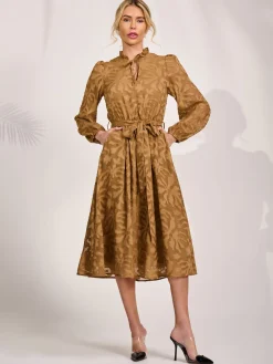 Tie Neck Chiffon Midi Dress, Brown