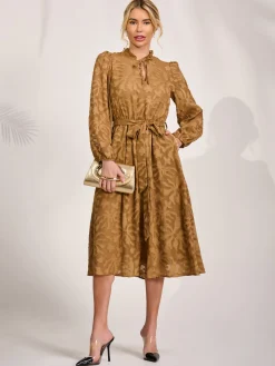 Tie Neck Chiffon Midi Dress, Brown